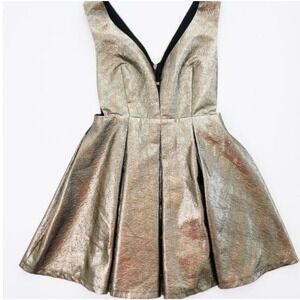 Hot & Delicious‎ Metallic Gold Bronze V-Neck Pleated Skater Mini Dress Large